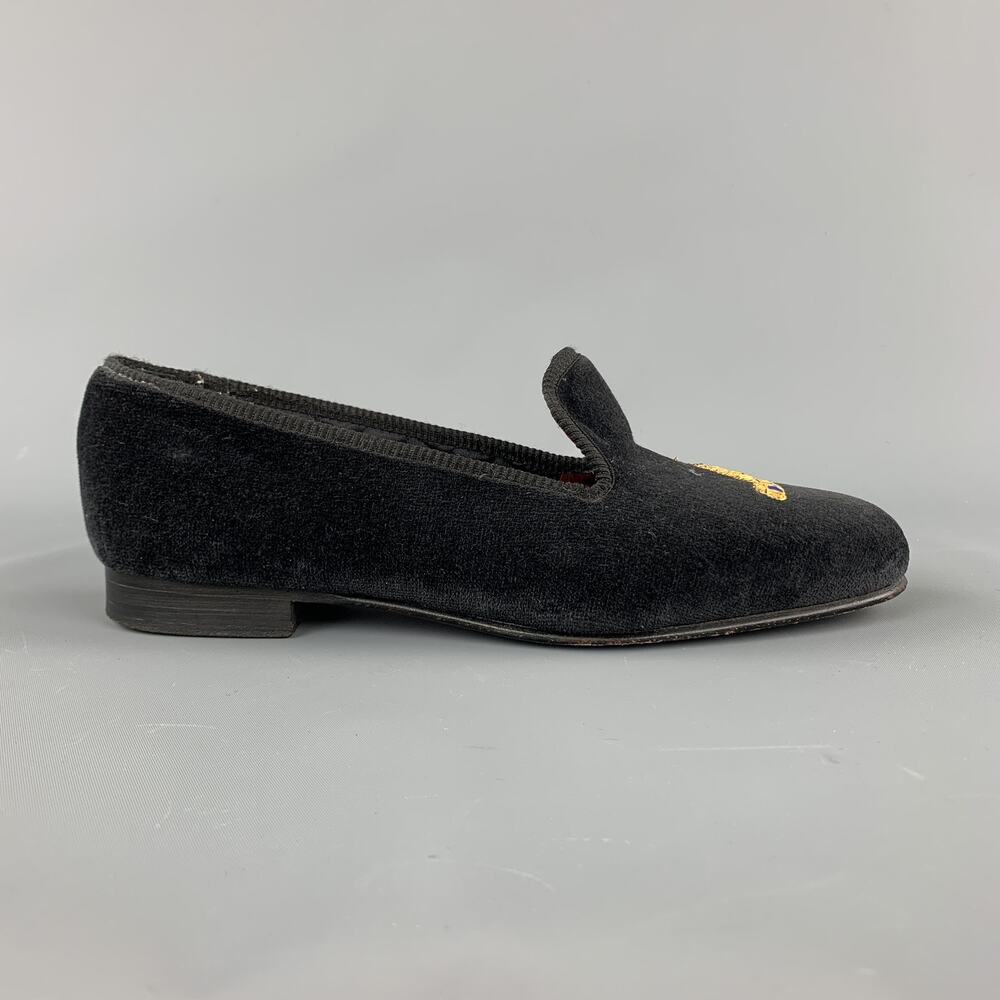 CUSTOM MADE Size 8 Black Embroidery Velvet Slippers Loafers
